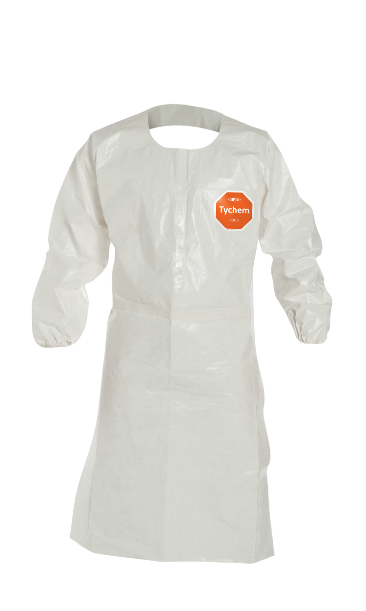 Apron,Tychem 4000, White Long Sleeve, Open Back, Size L