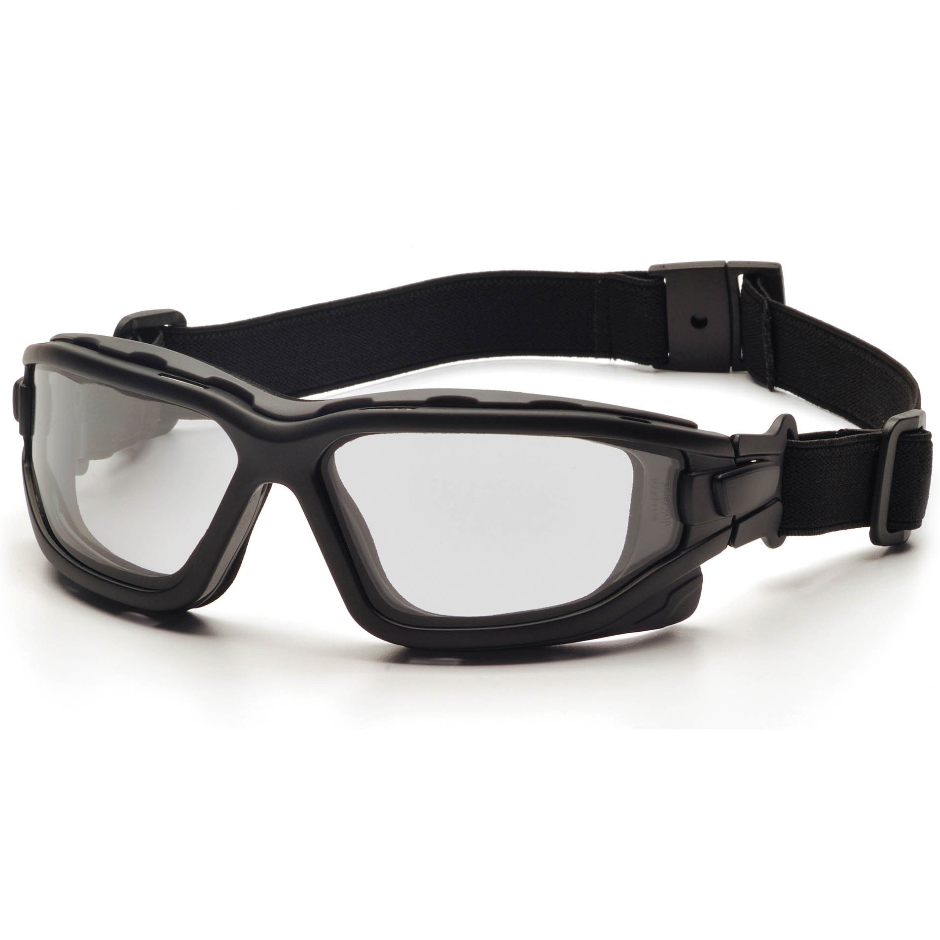 side view of pyramex® dual pane protective goggles with anti-fog/anti-scratch lenses, offering 99% uv protection and csa certification, featuring quick release temples and a removable flame-resistant foam carriage.