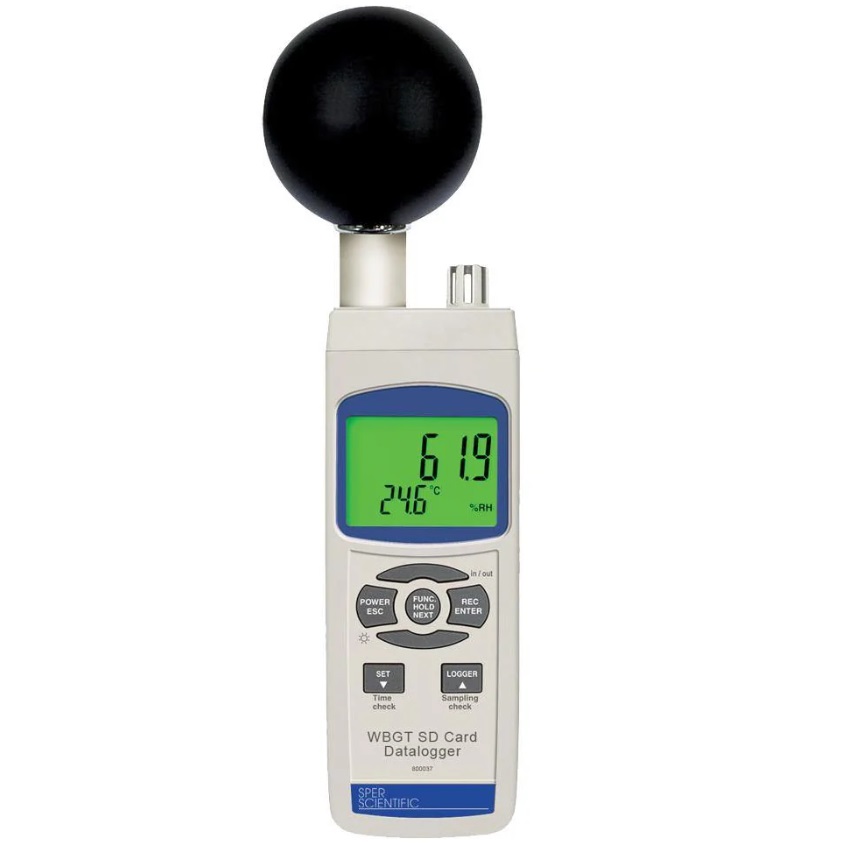 front view of the sper scientific® isd800037c wbgt heat stress monitor with sd card logger, featuring a large backlit lcd, fold-out tripod, and precise measurements for heat stress monitoring.
