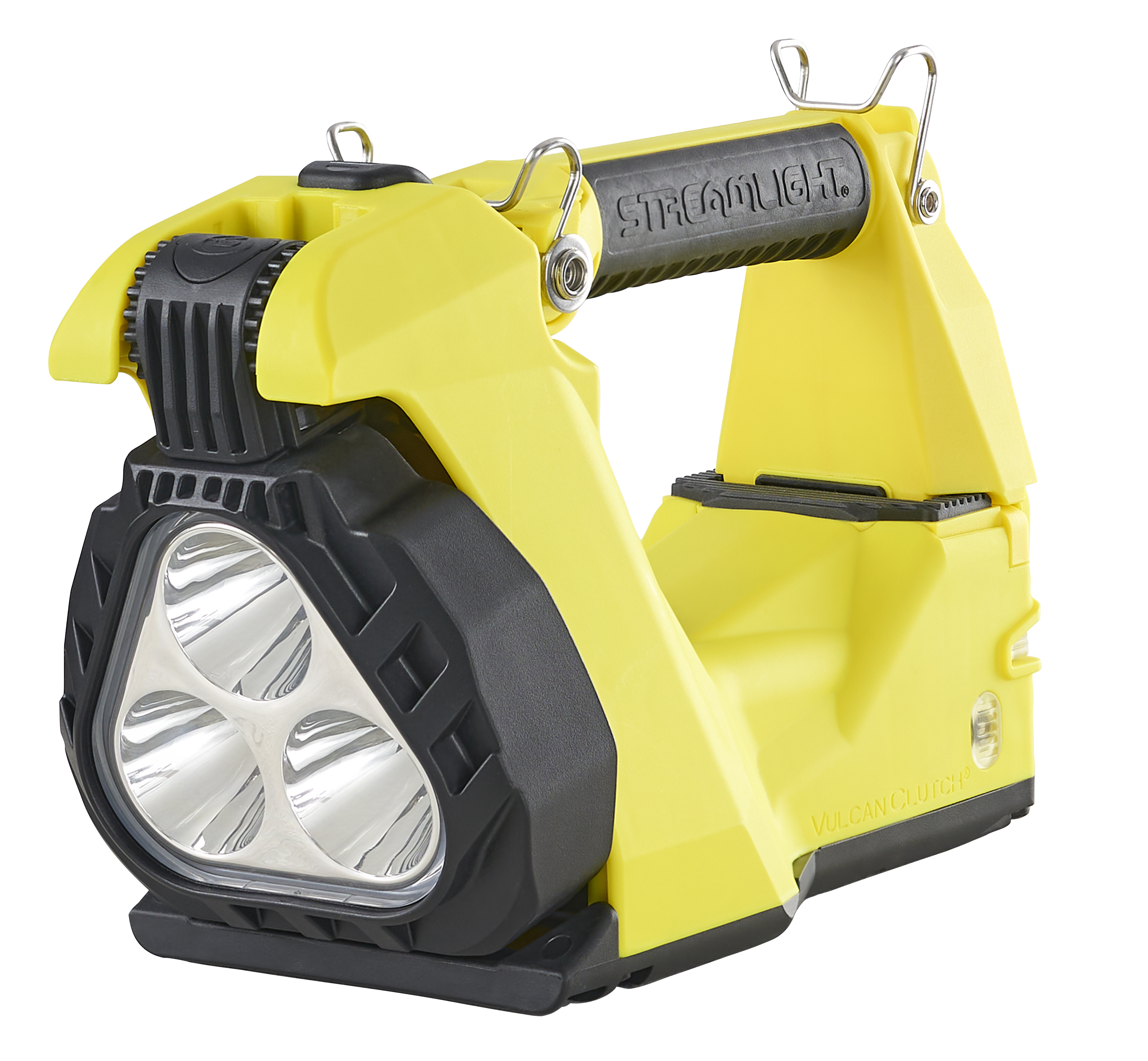 front view of streamlight® vulcan clutch® hand lantern in yellow with heavy-duty shoulder strap and articulating head