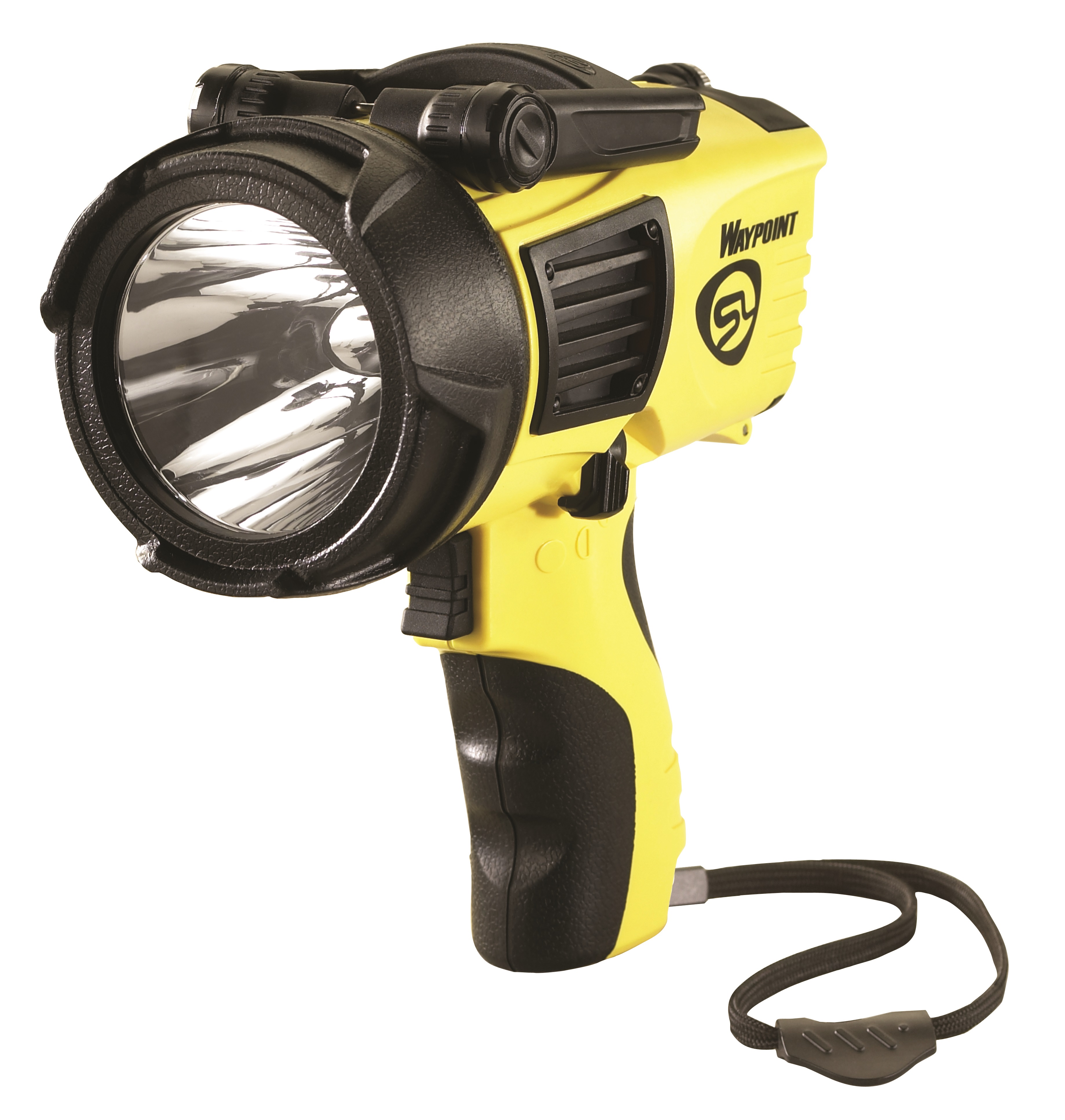 front view of streamlight® waypoint® 400 rechargeable spotlight with pistol grip and hands-free stand, ipx8 waterproof
